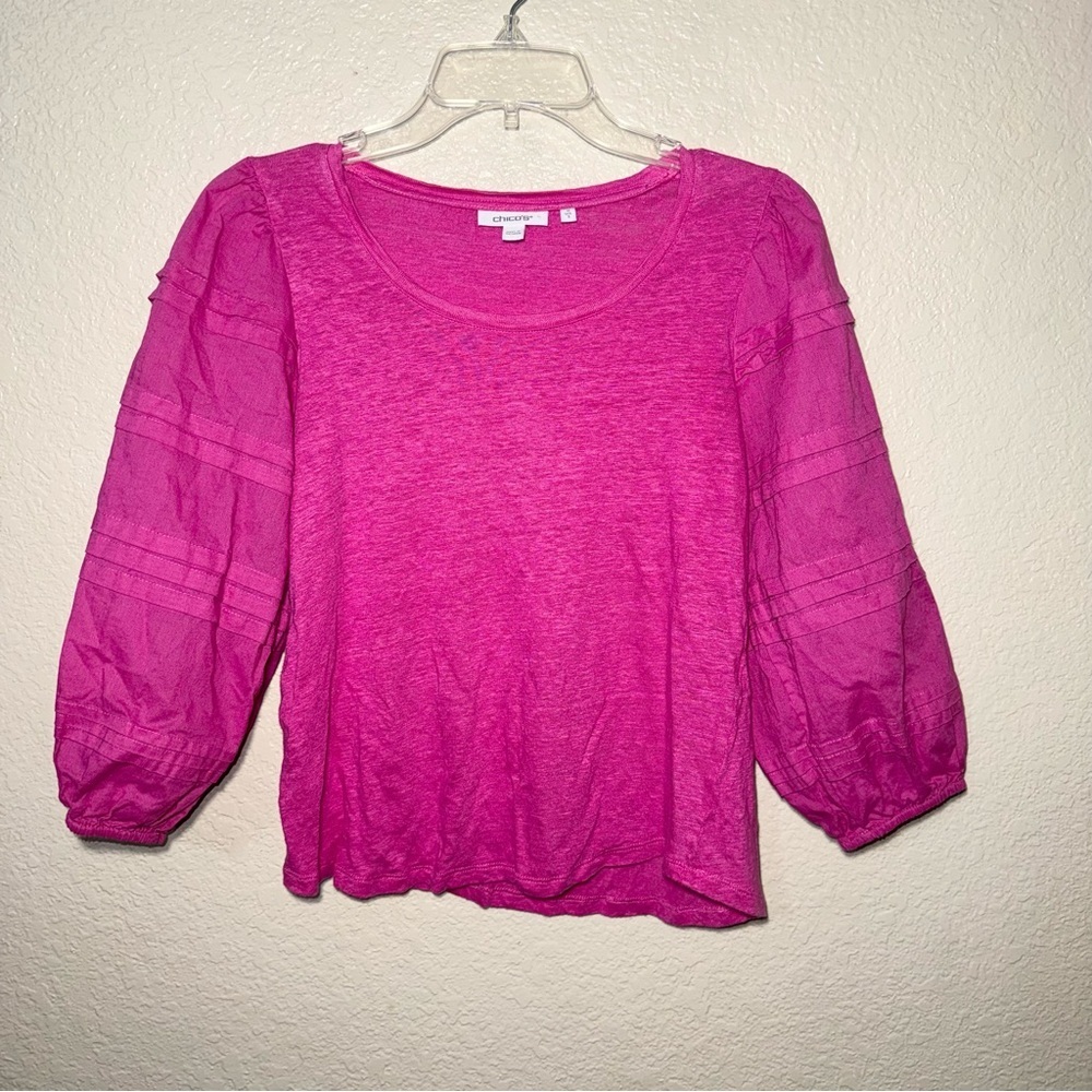 Chico’s Pink Linen Blend Blouse Women’s Small Puff Sleeve Scoop Neck Lightweight
